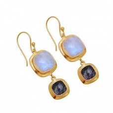 Square Shape Moonstone Black Rutile Quartz Gemstone 925 Silver Earrings