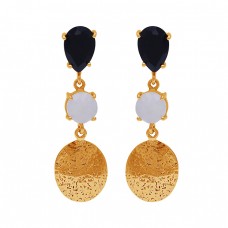 Black Onyx Rainbow Moonstone 925 Sterling Silver Gold Plated Earrings