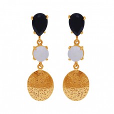 Black Onyx Rainbow Moonstone 925 Sterling Silver Gold Plated Earrings