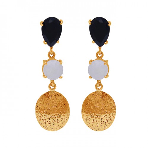 Black Onyx Rainbow Moonstone 925 Sterling Silver Gold Plated Earrings