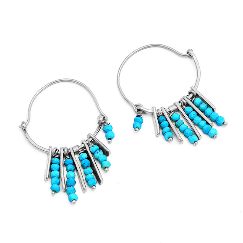
									Blue Turquoise Roundel Beads Gemstone 925 Sterling Silver Gold Plated Hoop Earrings 