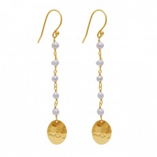 Pearl Beads Shape Gemstone 925 Sterling Silver Gold Plated Dangle Earrings