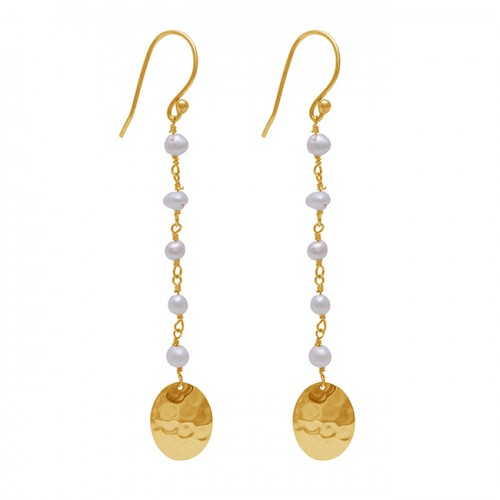 Pearl Beads Shape Gemstone 925 Sterling Silver Gold Plated Dangle Earrings