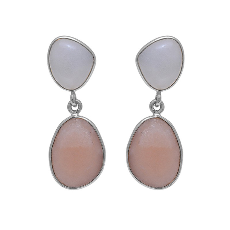 White Peach Color Moonstone 925 Sterling Silver Gold Plated Dangle Earrings