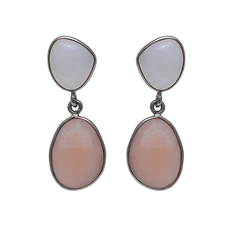 White Peach Color Moonstone 925 Sterling Silver Gold Plated Dangle Earrings