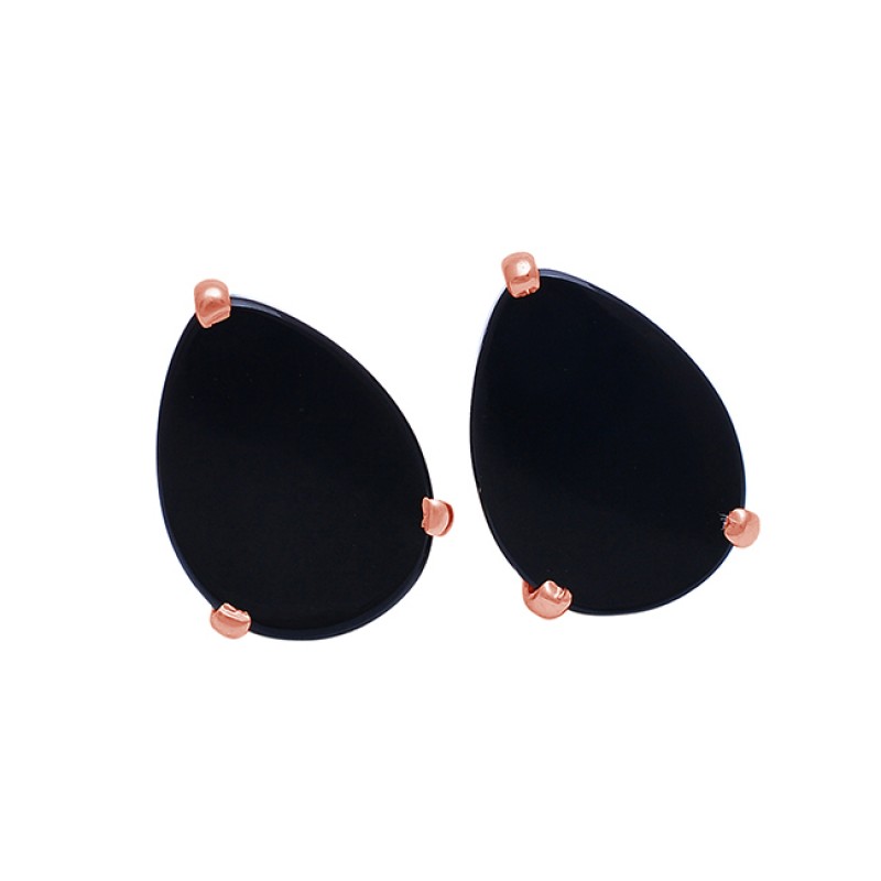 Pear Shape Black Onyx Gemstone 925 Sterling Silver Gold Plated Earrings