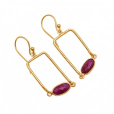 Oval Shape Ruby Gemstone 925 Sterling Silver Gold Plated Dangle Earrings