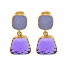 Amethyst Blue Chalcedony Gemstone 925 Silver Gold Plated Stud Dangle Earrings