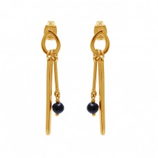 Black Onyx Gemstone 925 Sterling Silver Gold Plated Stud Dangle Earrings