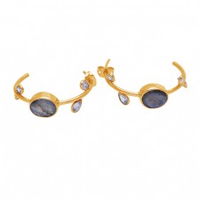 Labradorite Crystal Gemstone 925 Sterling Silver Gold Plated Earrings