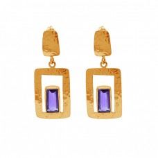 Rectangle Shape Amethyst Gemstone 925 Silver Gold Plated Earrings