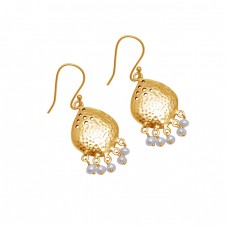 Roundel Beads Shape Pearl Gemstone 925 Sterling Silver Gold Plated Earrings