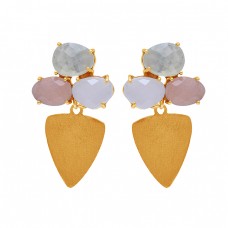 925 Sterling Silver Chalcedony Moonstone Gold Plated Stud Earrings