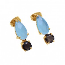 Aqua Chalcedony Smoky Quartz Gemstone 925 Silver Gold Plated Stud Earrings