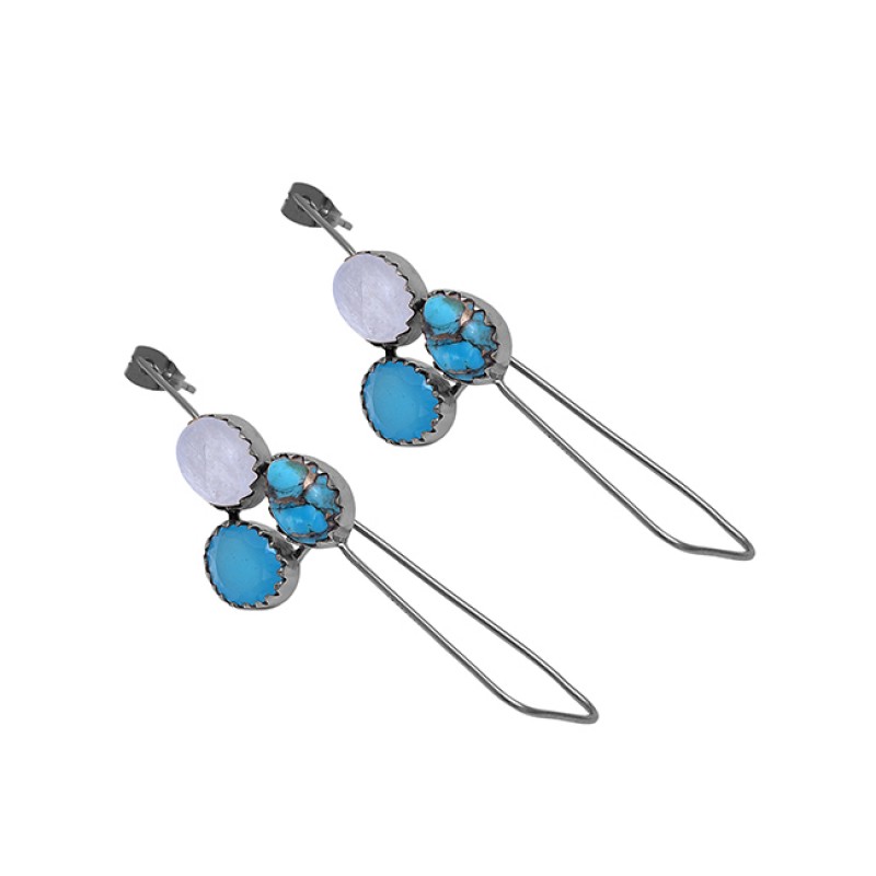 Turquoise Chalcedony Moonstone 925 Silver Gold Plated Hoop Earrings