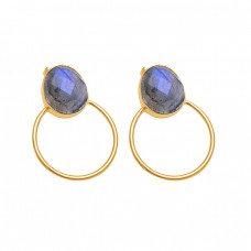 Oval Shape Labradorite Gemstone 925 Sterling Silver Gold Plated Stud Earrings