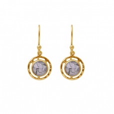 Round Shape Black Rutile Quartz Gemstone 925 Silver Gold Plating Earrings