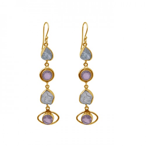 Blue Topaz Rose Quartz Gemstone 925 Sterling Silver Gold Plated Dangle Earrings