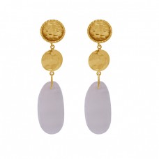 Oval Shape Rainbow Moonstone 925 Sterling Silver Gold Plated Earrings