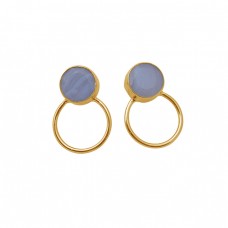 Round Shape Blue Lace Agate Gemstone 925 Sterling Silver Gold Plated Earrings