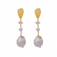 Pearl Herkimer Diamond Gemstone 925 Silver Gold Plated Designer Stud Earrings
