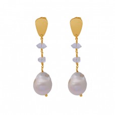 Pearl Herkimer Diamond Gemstone 925 Silver Gold Plated Designer Stud Earrings