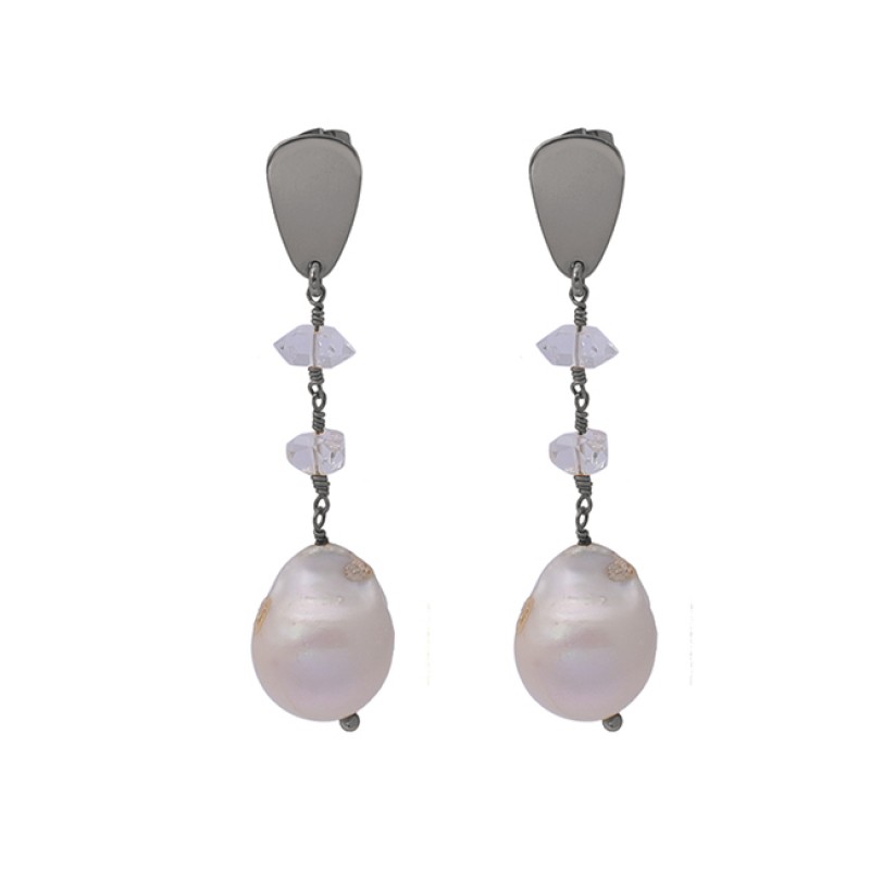 Pearl Herkimer Diamond Gemstone 925 Silver Gold Plated Designer Stud Earrings