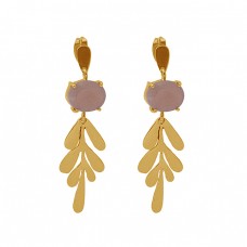 Oval Shape Peach Moonstone 925 Sterling Silver Gold Plated Stud Earrings