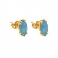 Marquise Shape Blue Chalcedony Gemstone 925 Silver Gold Plated Stud Earrrings