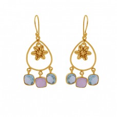 Cushion Shape Topaz Chalcedony Gemstone 925 Silver Gold Plated Earrings