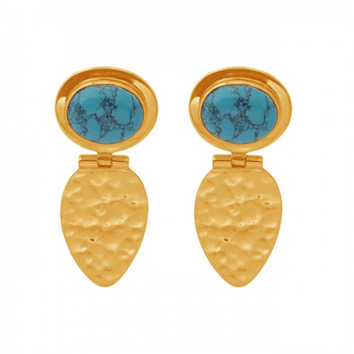 Oval Blue Copper Turquoise Gemstone 925 Silver Jewelry Earrings