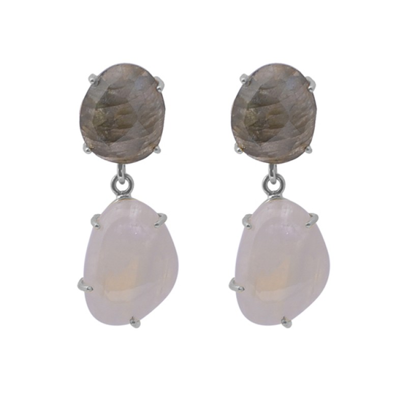 Labradorite Moonstone Prong Set 925 Silver Jewelry Gold Plated Dangle Earrings