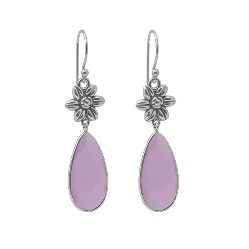 Pear Shape Rose Chalcedony Gemstone 925 Silver Jewelry Dangle Earrings