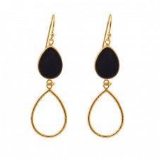 Pear Black Onyx Gemstone 925 Silver Jewelry Gold Plated Dangle Earrings