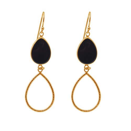 Pear Black Onyx Gemstone 925 Silver Jewelry Gold Plated Dangle Earrings
