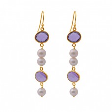 Amethyst Pearl Gemstone 925 Sterling Silver Jewelry Gold Plated Earrings