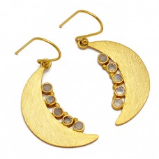 Moon Shape Design Labradorite Round Gemstone 925 Sterling Silver Gold Plated Earrings 