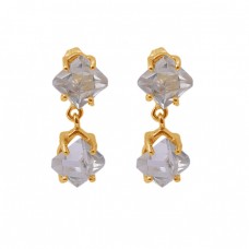 Herkimer Diamond Gemstone 925 Silver Jewelry Gold Plated Stud Earrings