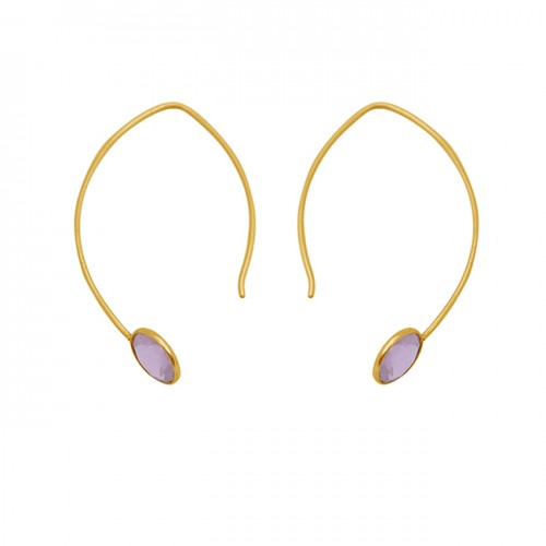 Round Shape Rose Quartz Gemstone 925 Silver Jewelry Gold Plated Hoop Earrings