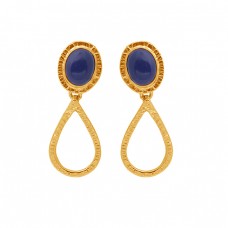 Oval Shape Lapis Lazuli Gemstone 925 Silver Jewelry Gold Plated Earrings