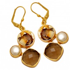 Smoky Quartz Pearl Brecciated Mookaite Gemstone 925 Sterling Silver Gold Plated Clip-On Earrings