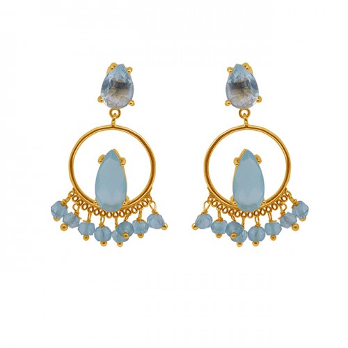 Blue Topaz Aqua Chalcedony Gemstone 925 Silver Jewelry Stud Dangle Earrings