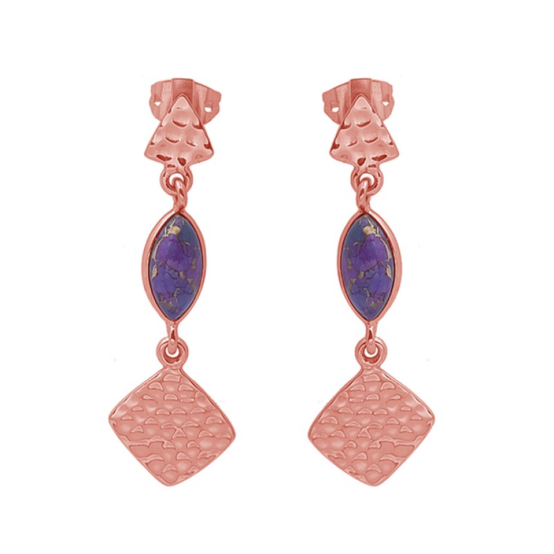 Marquise Purple Copper Turquoise Gemstone 925 Silver Gold Plated Earrings