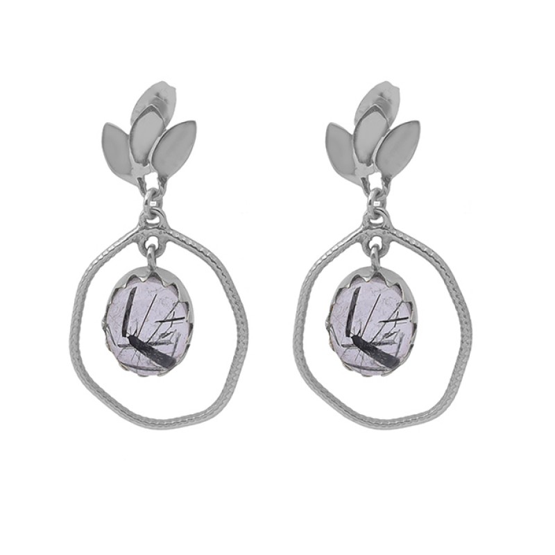 Oval Shape Black Rutile Quartz Gemstone 925 Silver Jewelry Stud Earrings