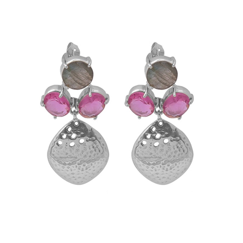 Labradorite Pink Quartz Gemstone 925 Silver Jewelry Gold Plated Earrings