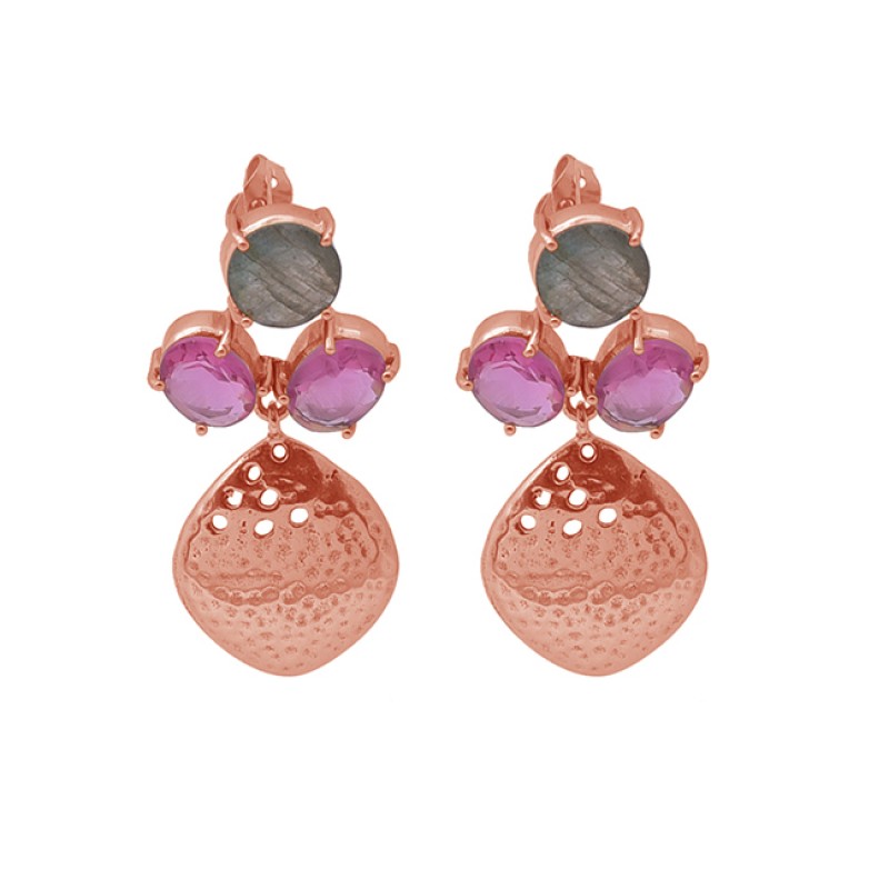 Labradorite Pink Quartz Gemstone 925 Silver Jewelry Gold Plated Earrings
