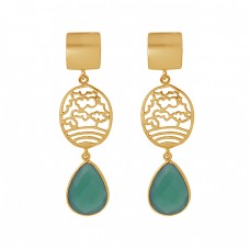 Pear Shape Green Onyx Gemstone 925 Silver Jewelry Gold Plated Earrings