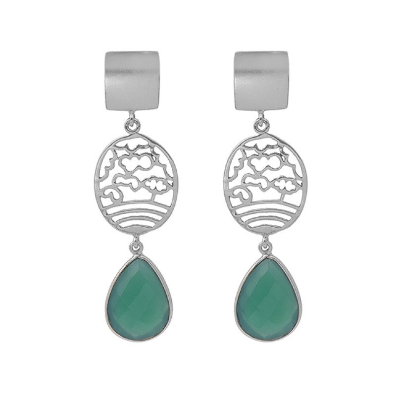Pear Shape Green Onyx Gemstone 925 Silver Jewelry Gold Plated Earrings