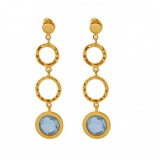 Round Blue Topaz Gemstone 925 Sterling Silver Jewelry Gold Plated Earrings