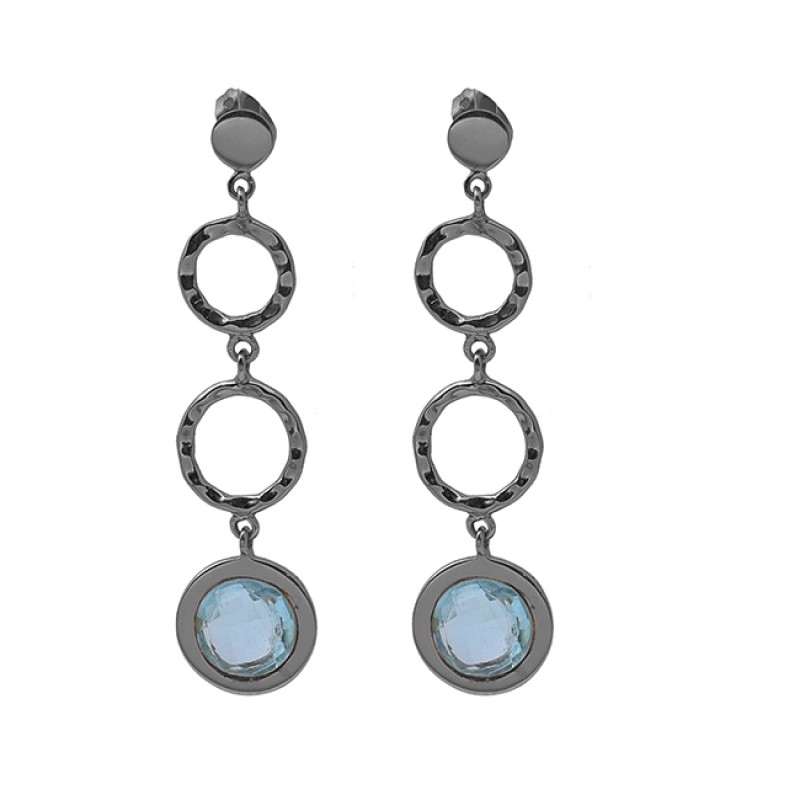 Round Blue Topaz Gemstone 925 Sterling Silver Jewelry Gold Plated Earrings